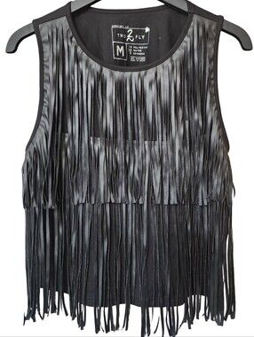 2 FLY CO. NWT Black Faux Leather Fringe Tank Top - Size M
